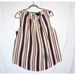 Worthington Womens XL Sleeveless Striped Blouse Navy Orange Multi Pleated Top
